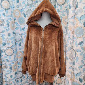 Free People Turn Up Zip Hoodie Teddy Brown Faux Fur Jacket